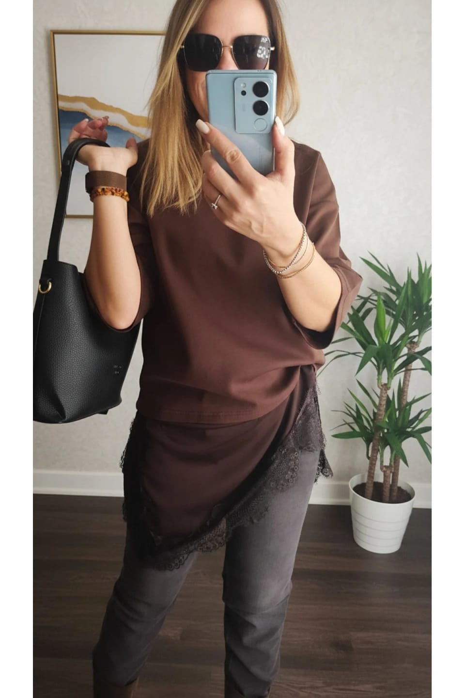 Customer photo review of Celine Lace-Hem Asymmetric Oversized Tee