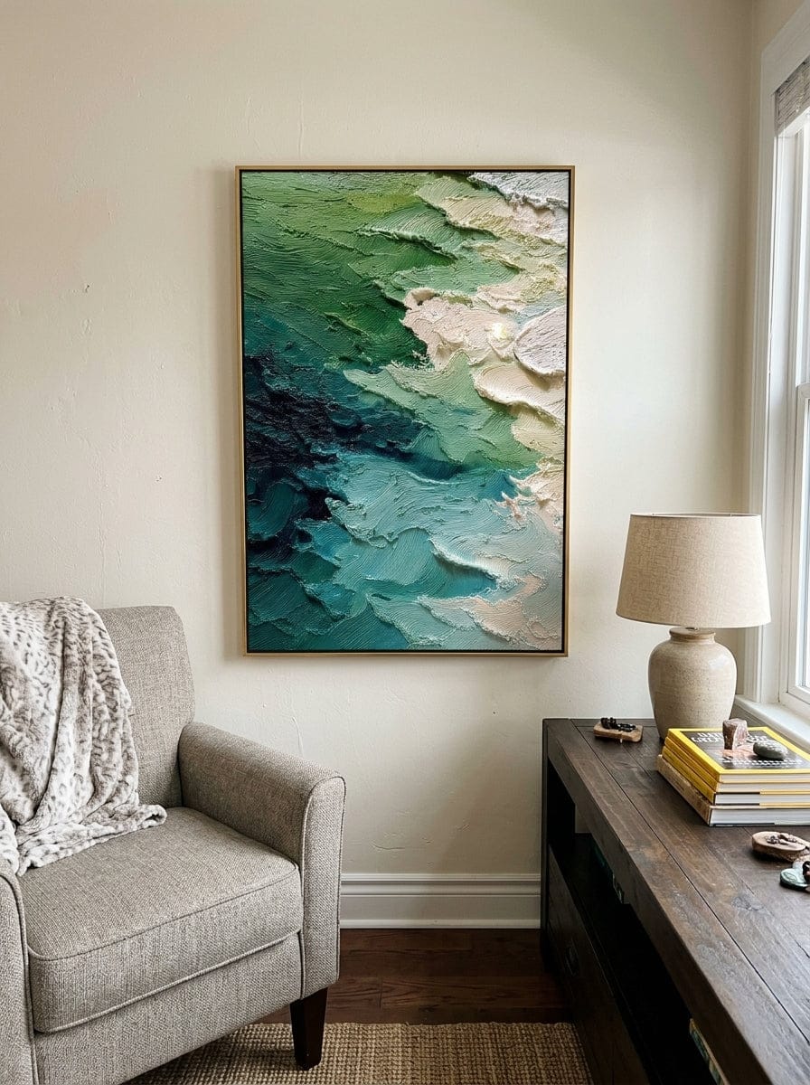 Customer photo review of "Aqua Foam Relief" - Green Blue 3D Textured Abstract Painting | Wabi-Sabi Wall Art