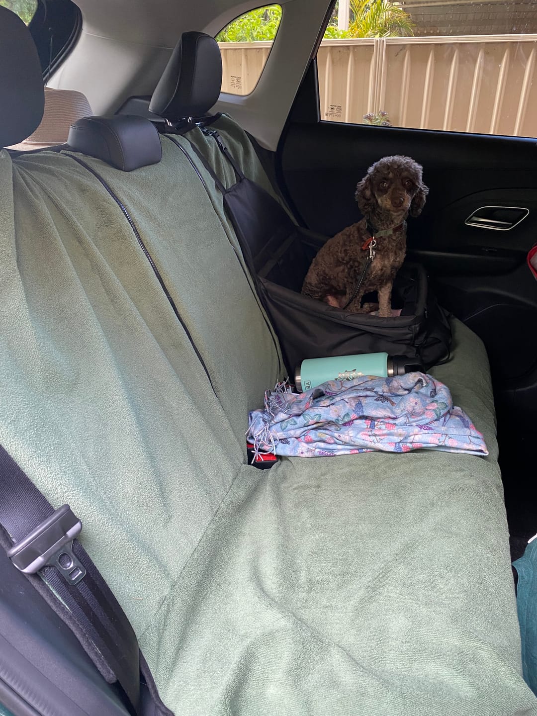 Customer photo review of Waterproof Back Seat Towel – Moss Green | Towel Society