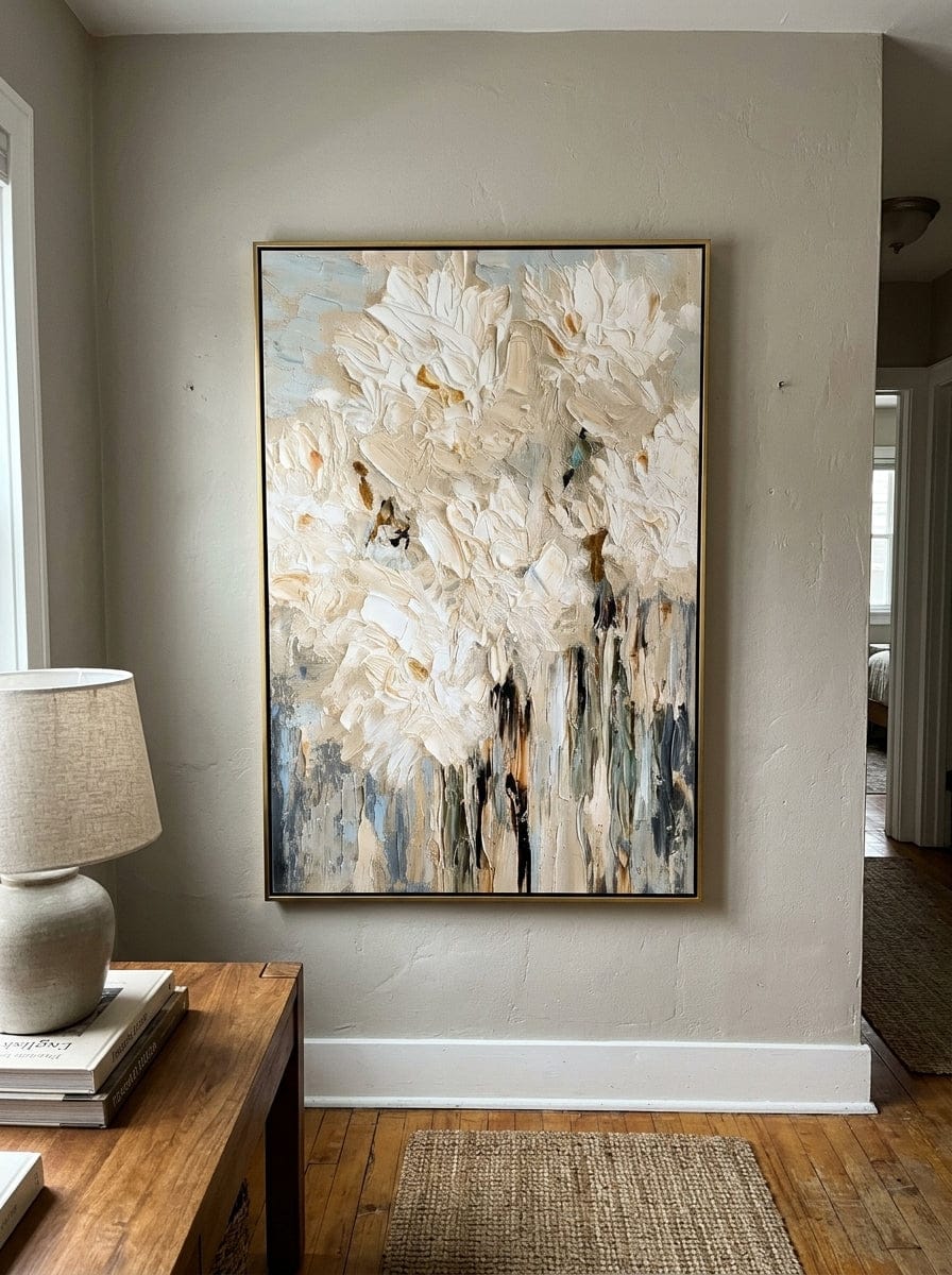 Customer photo review of "Ivory Bloomfall" - White Impasto Floral Painting | Beige Textured Vertical Flower Wall Art