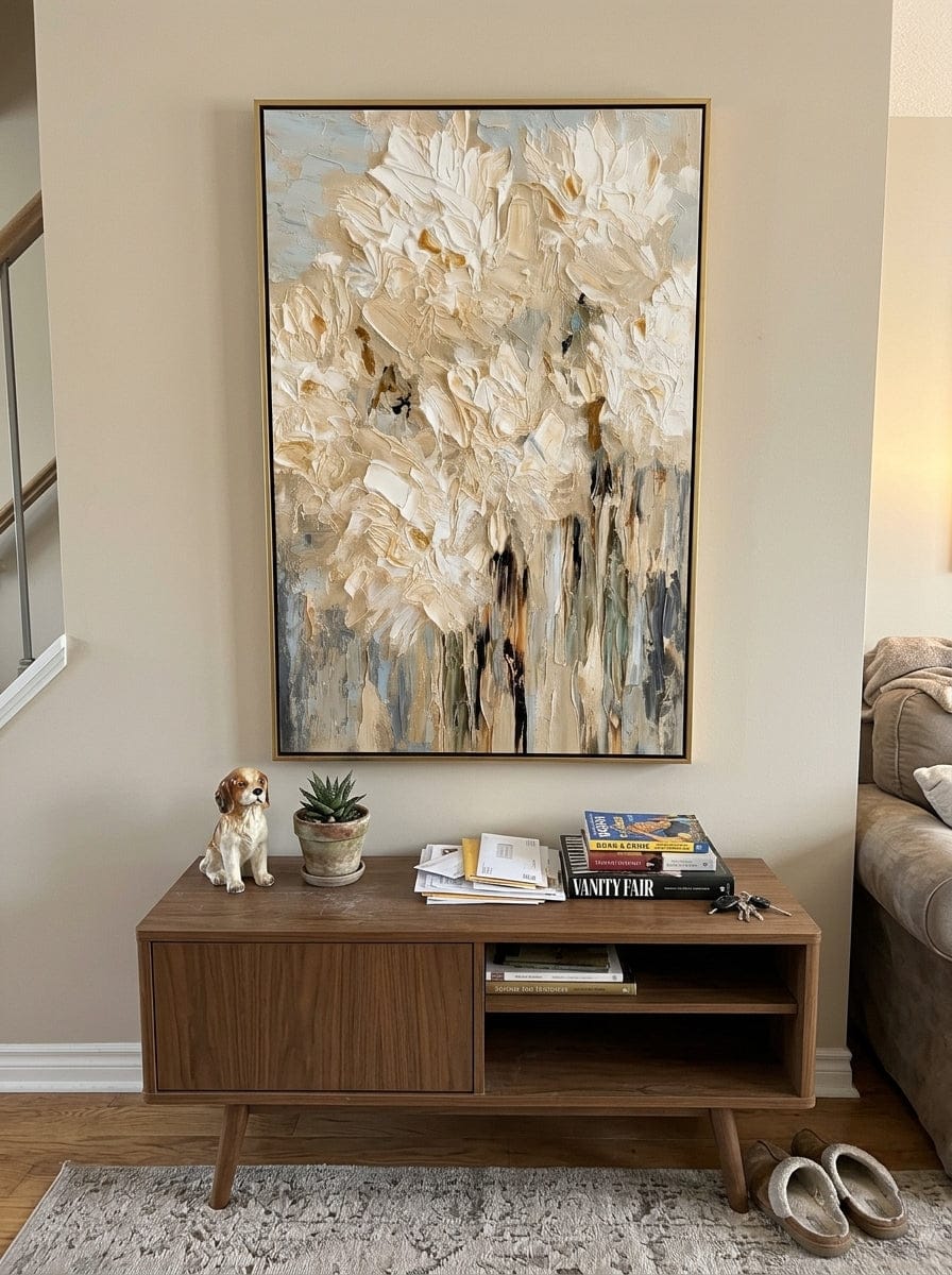 Customer photo review of "Ivory Bloomfall" - White Impasto Floral Painting | Beige Textured Vertical Flower Wall Art