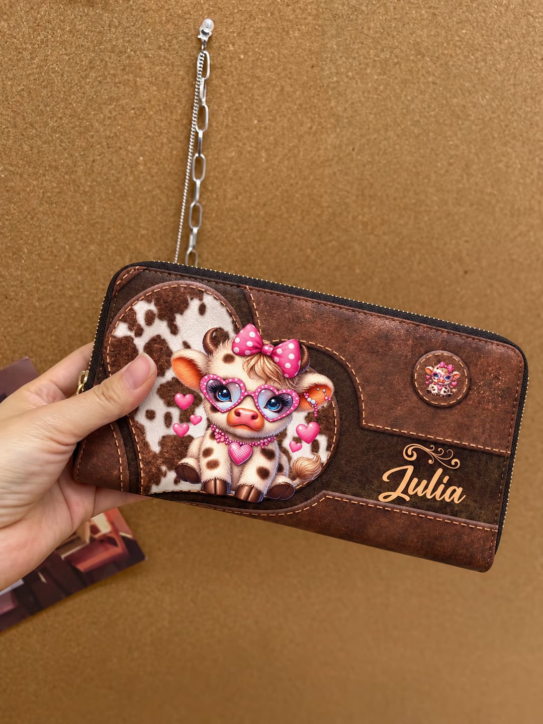 Customer photo review of Personalized Cute Highland Cow PU Leather Wallet, Custom Name Zipper Long Wallet, Cartoon Highland Cow Purse, Birthday Gift for Her