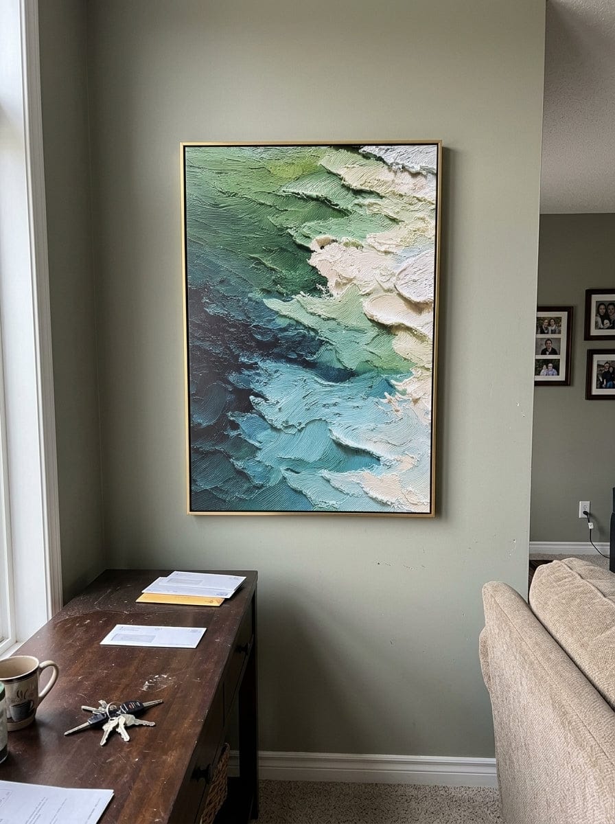 Customer photo review of "Aqua Foam Relief" - Green Blue 3D Textured Abstract Painting | Wabi-Sabi Wall Art