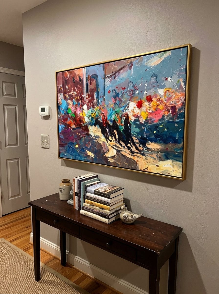 Customer photo review of "Harbor Fragments" - Colorful Impasto Abstract Painting | Blue Red & Gold Horizontal Statement Art