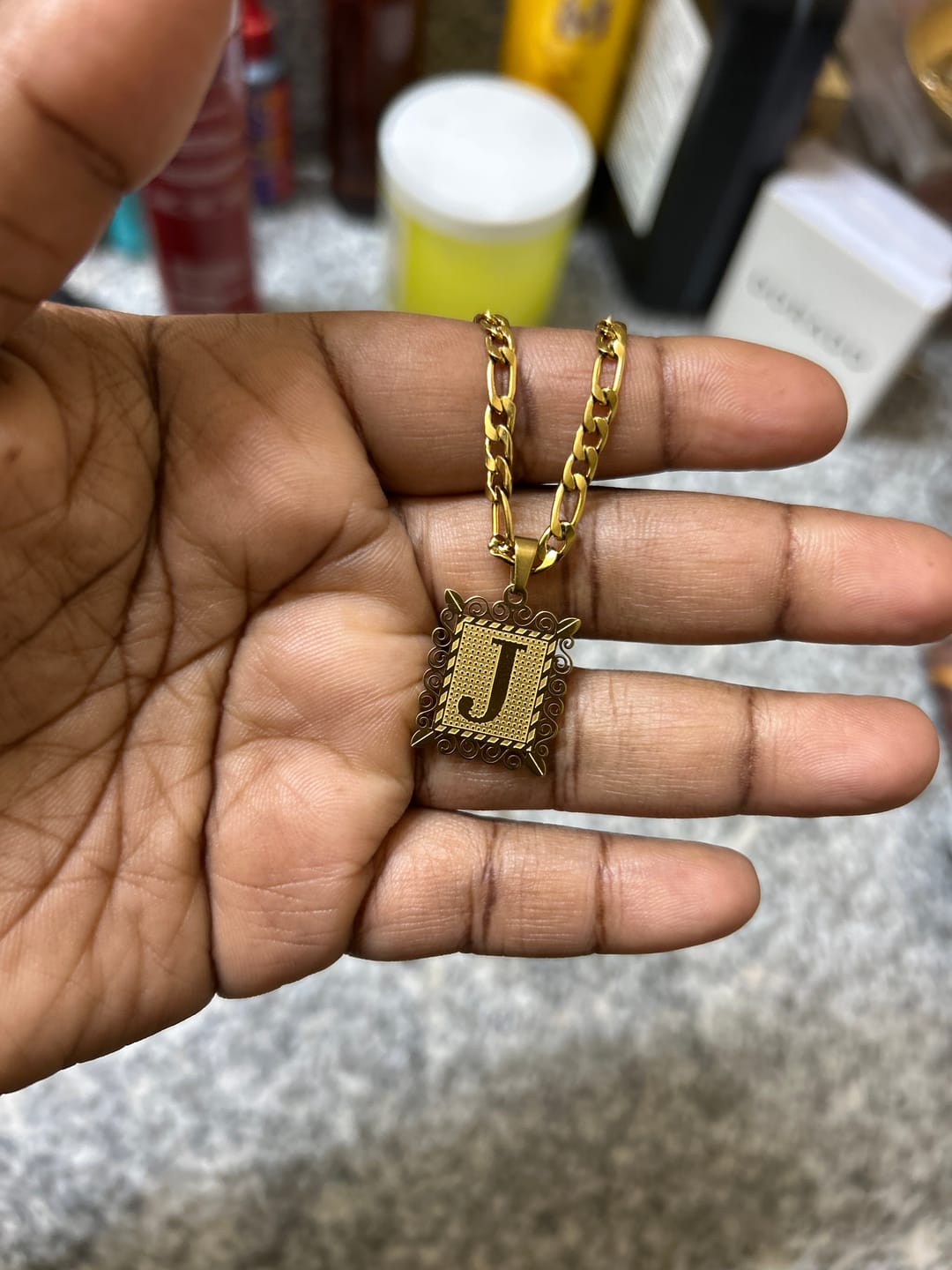 Customer photo review of Embossed Initial Necklace w/ Figaro Chain