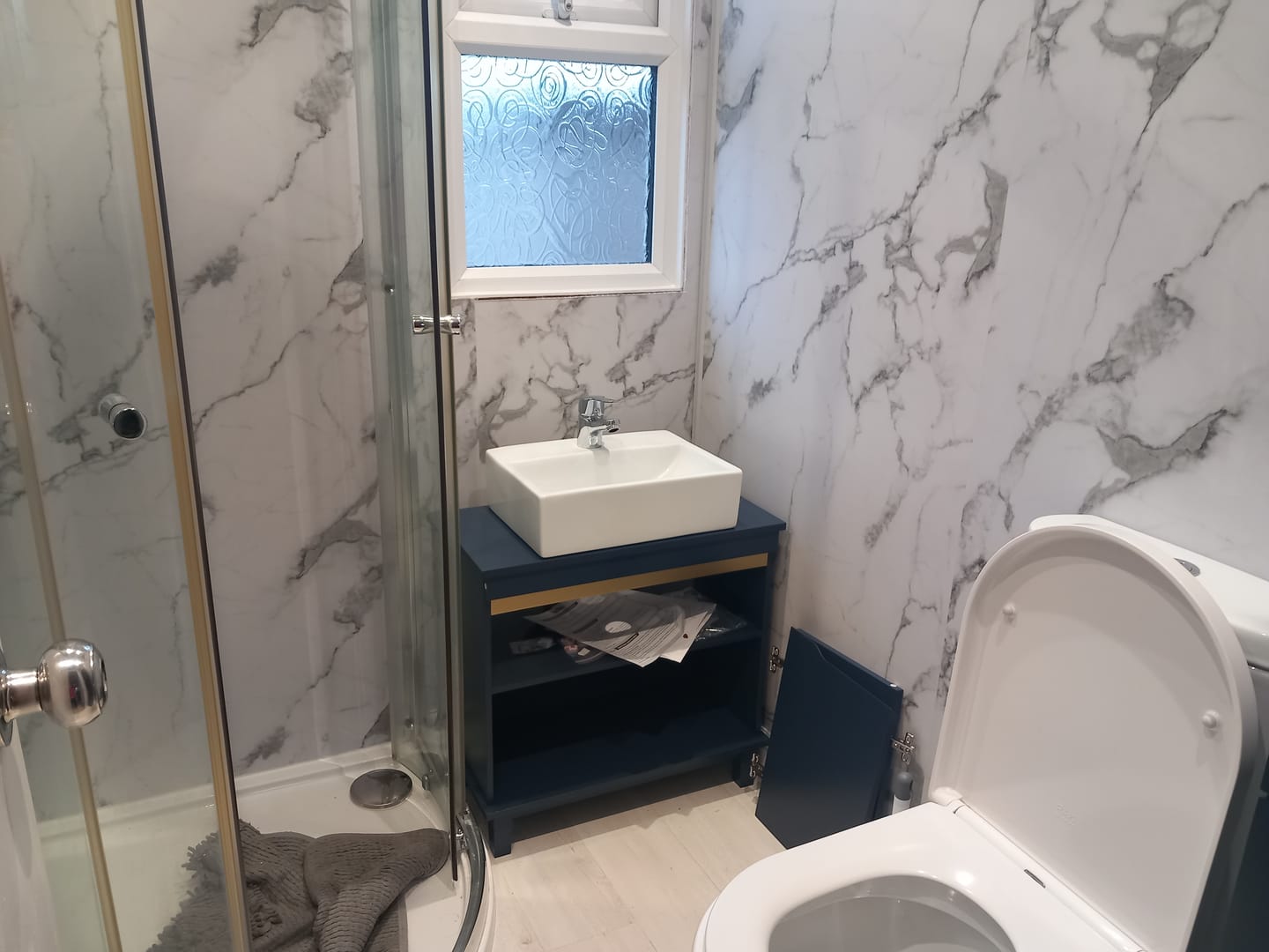 Customer photo review of Premium White Carrara Matt Shower Wall Panel – 1M x 2.4M