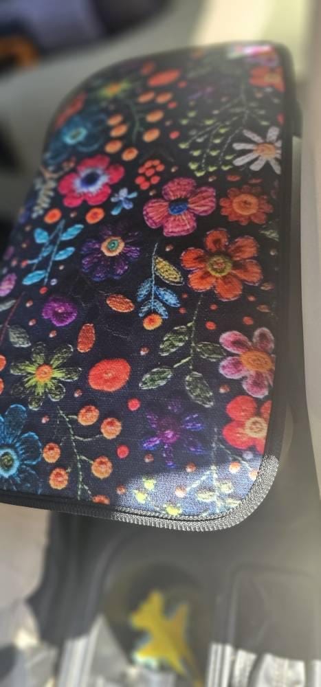 Customer photo review of Purple Flowers Faux Embroidery Car Console Cover
