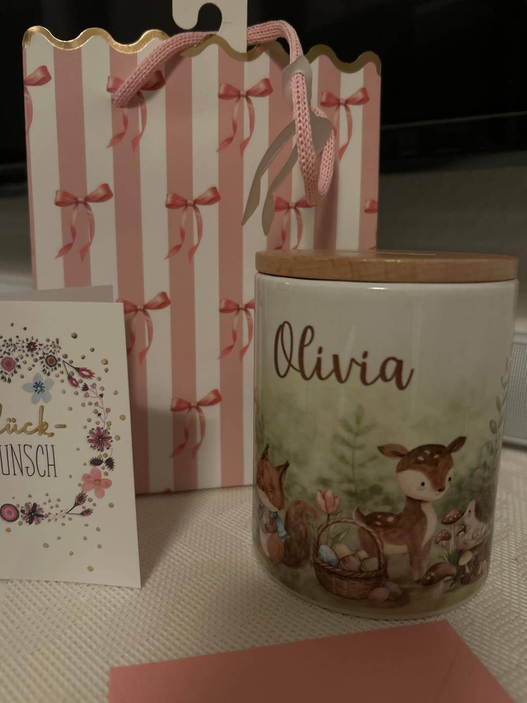 Customer photo review of Personalisierte Spardose Ostern Reh & Fuchs – Keramik & Bambus mit Wunschname