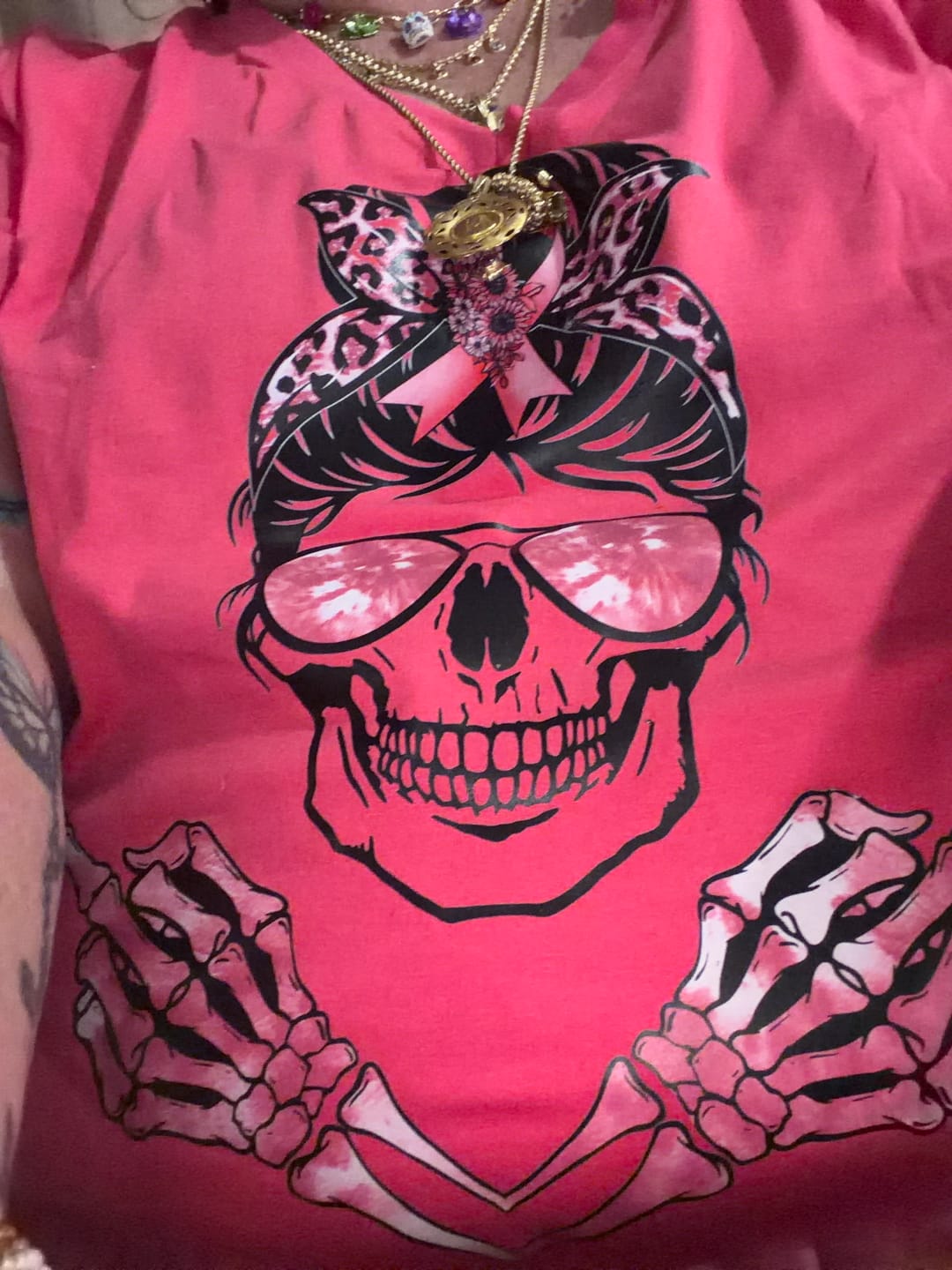 Customer photo review of Pink Ribbon Skull With Glasses Transfer