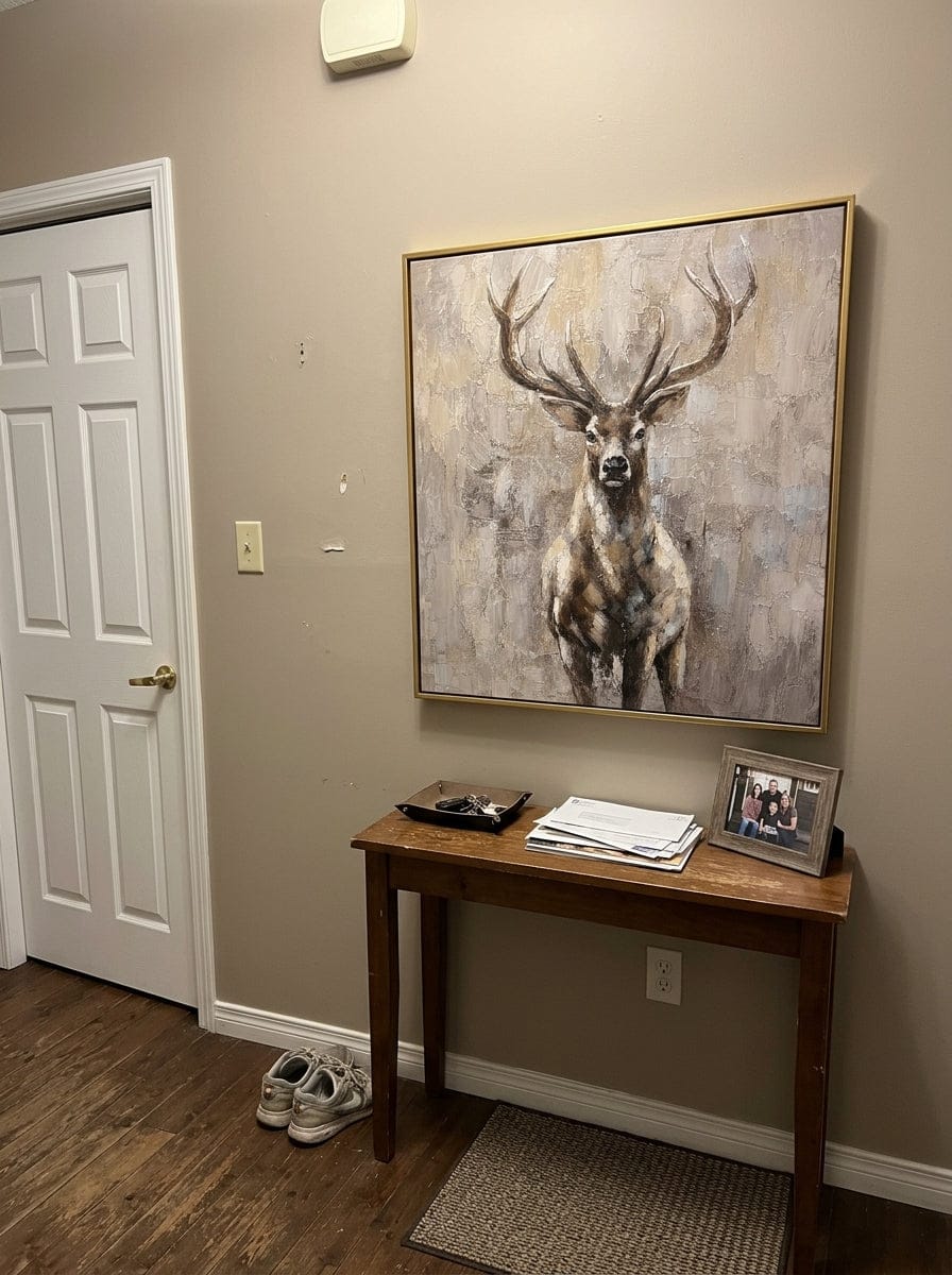 Customer photo review of "Quiet Stag" - Textured Deer Portrait Painting | Beige Brown & Grey Vertical Animal Wall Art