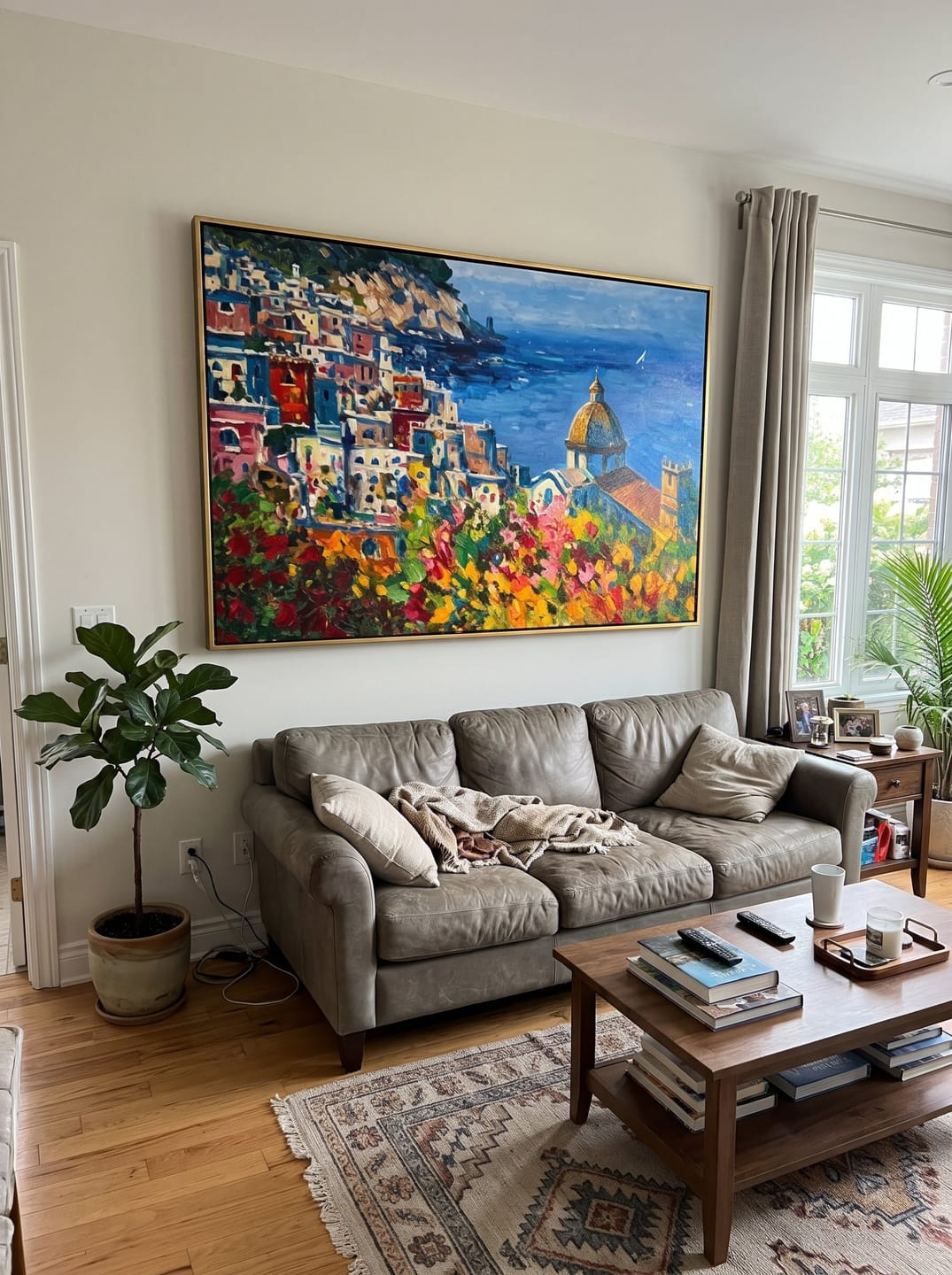 Customer photo review of "Amalfi Bloom" - Colorful Mediterranean Coastal Landscape | Blue Sea & Floral Village Wall Art