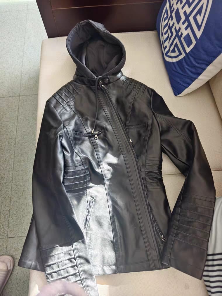 Customer photo review of Women's Faux Leather Jacket with Detachable Hood Motorcycle Biker Jacket Full Zipper Pleated Casual Warm Jacket