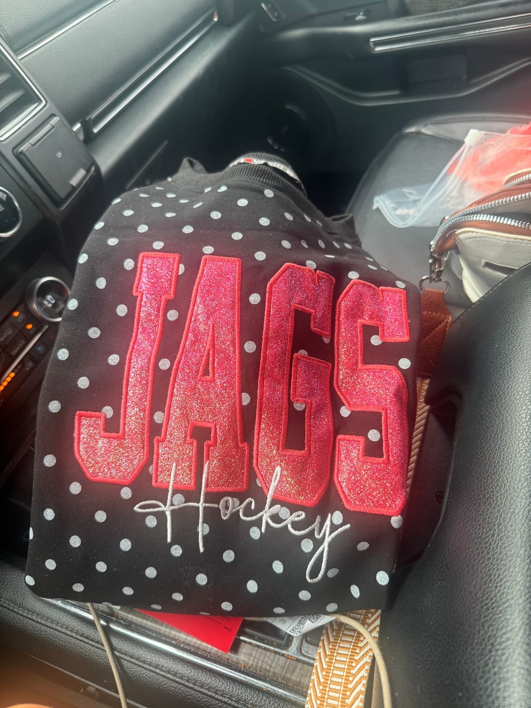 Customer photo review of Custom Embroidered Glitter Vinyl Team Polka Dot Sweatshirt - Game Day Best Gear | Gifts for Sports Mom | Game Day Wear