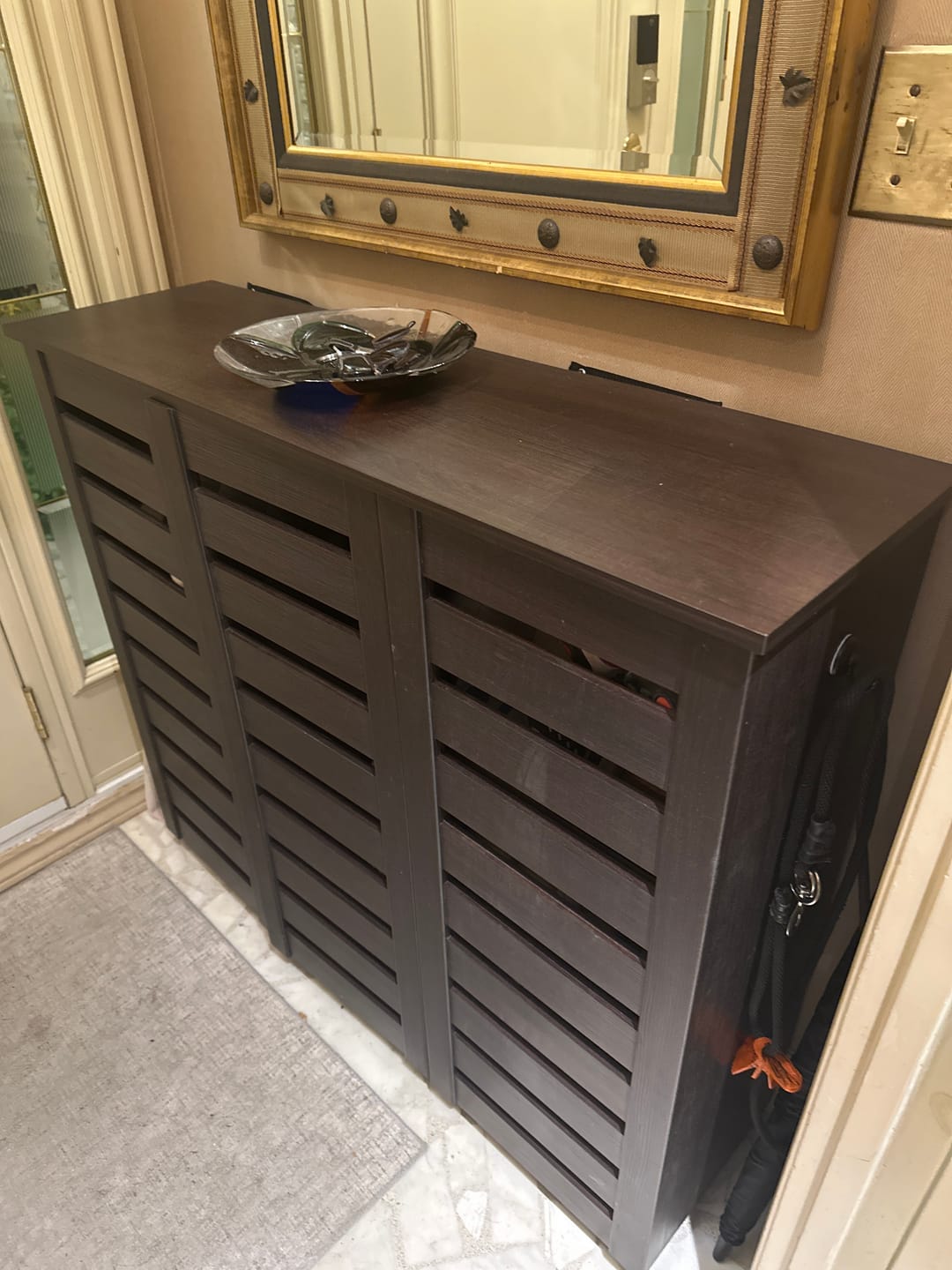 Customer photo review of Narrow Shoe Cabinet - 20 Pair Dark Brown Slatted Doors