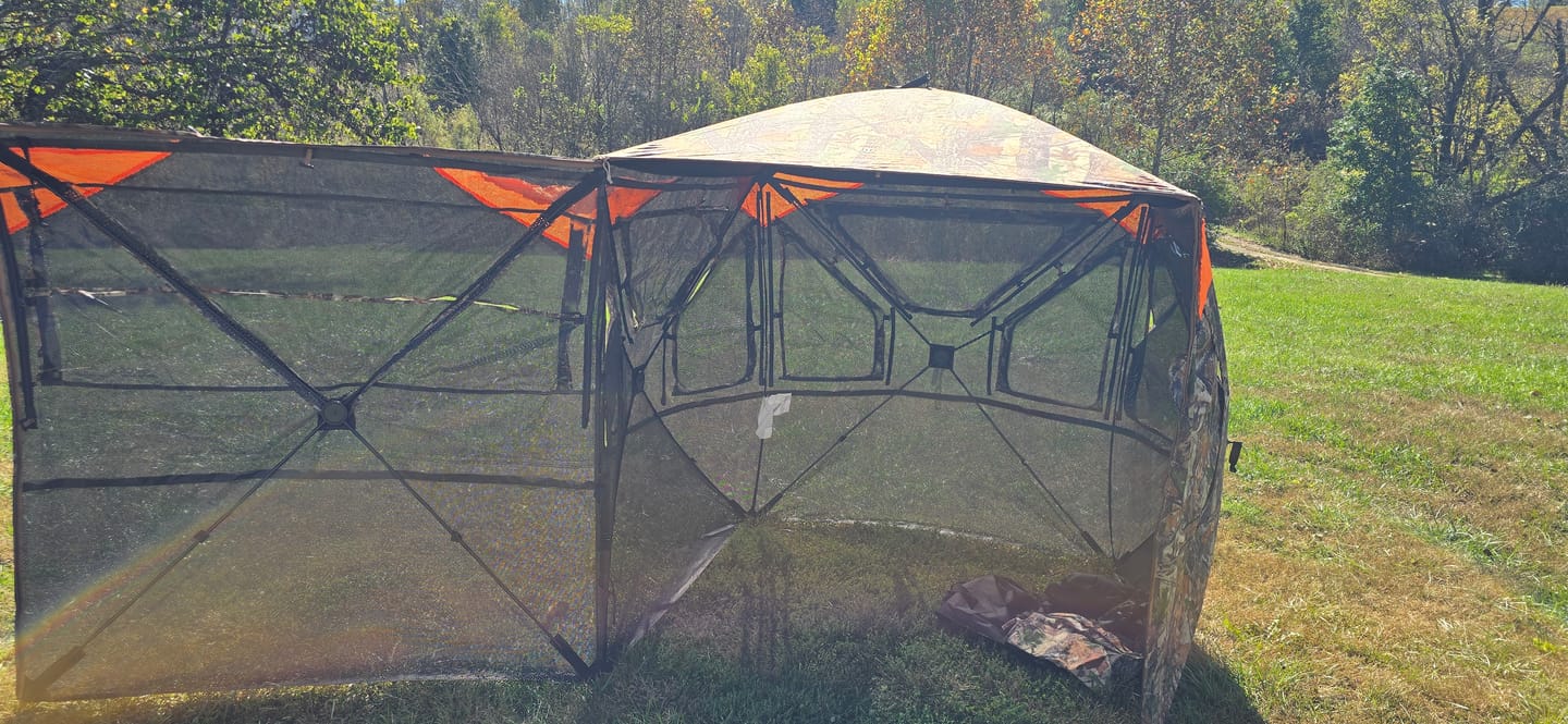 Customer photo review of Vis360 See Through Ground Blind | 360° Camouflage Pop Up Hunting Blind for 2/3/4 Person | Portable Deer Blind with Orange Cover