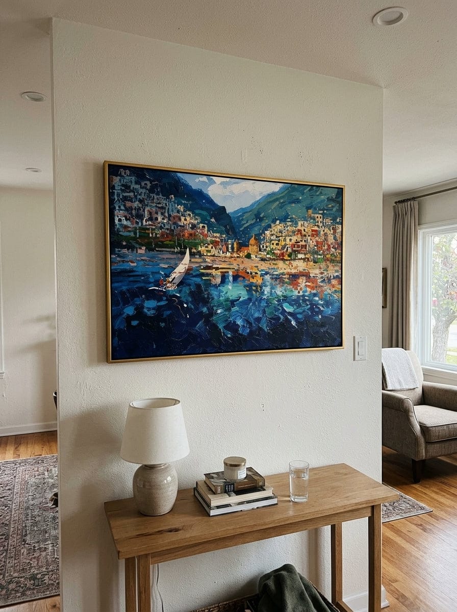 Customer photo review of "Harbor Mosaic" - Colorful Impasto Coastal Village Painting | Blue Green & Orange Mediterranean Wall Art
