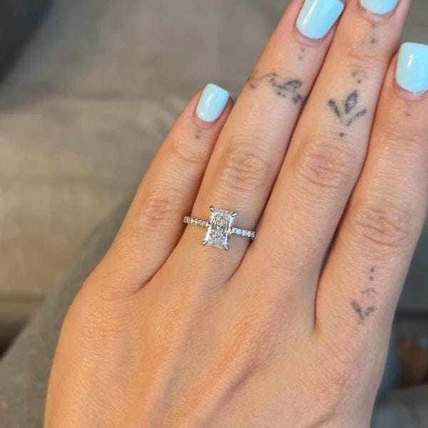 Customer photo review of 4 CT Radiant Cut Lab Grown Diamond Hidden Halo Engagement Ring with French Pavé Band