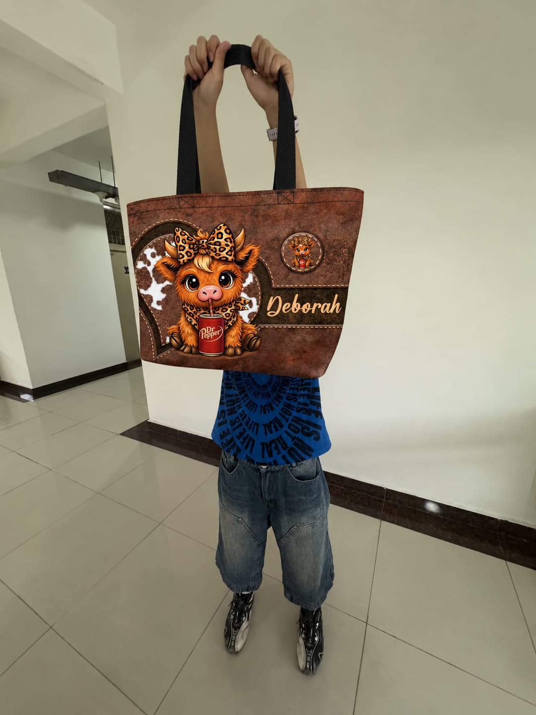 Customer photo review of Personalized Cute Cartoon Highland Cow Large Capacity Tote Bag with Name Birthday Gift for Highland Cow Lovers Friends