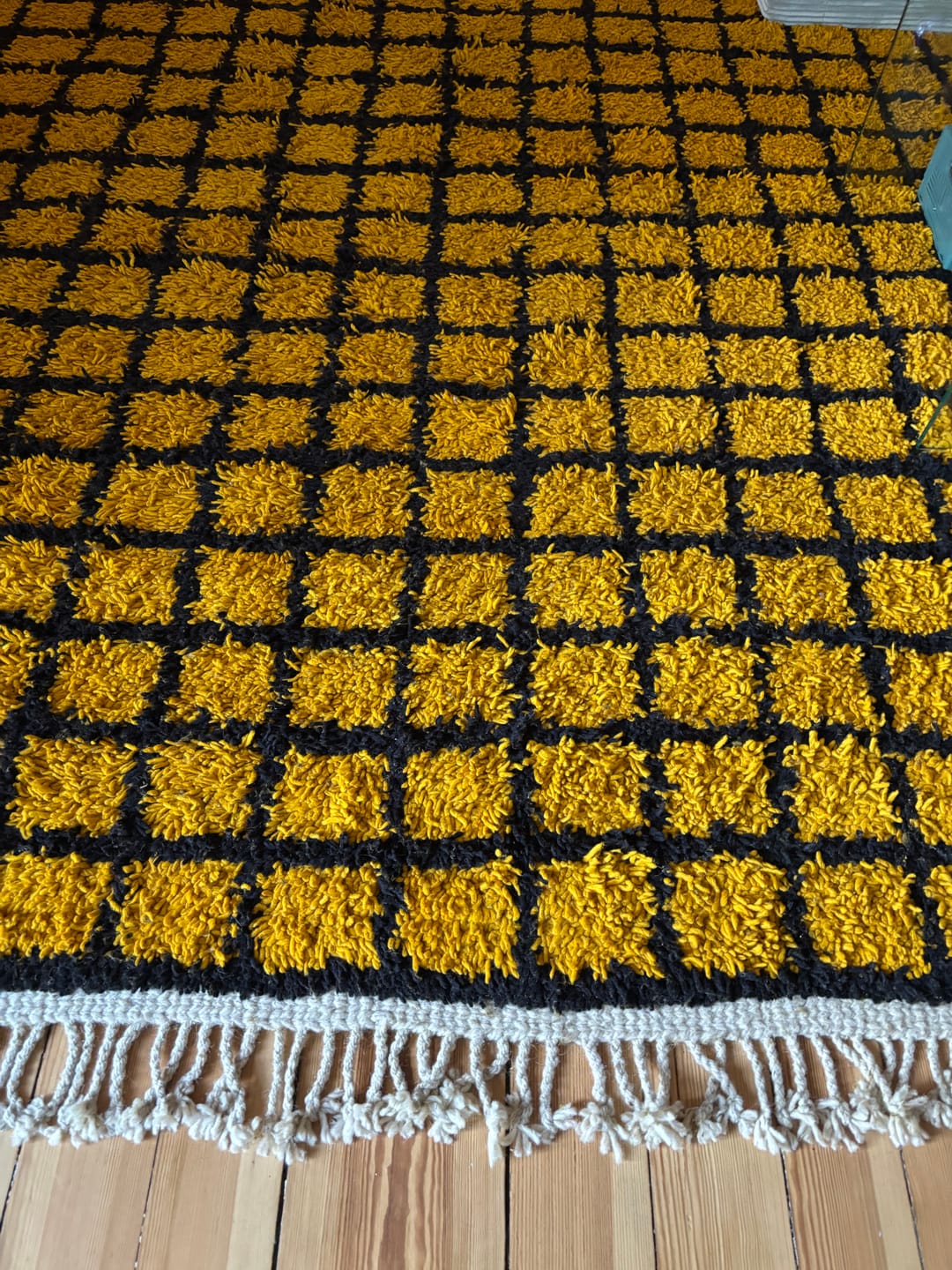 Customer photo review of Yellow Checkered Moroccan Wool Rug – Berber Grid