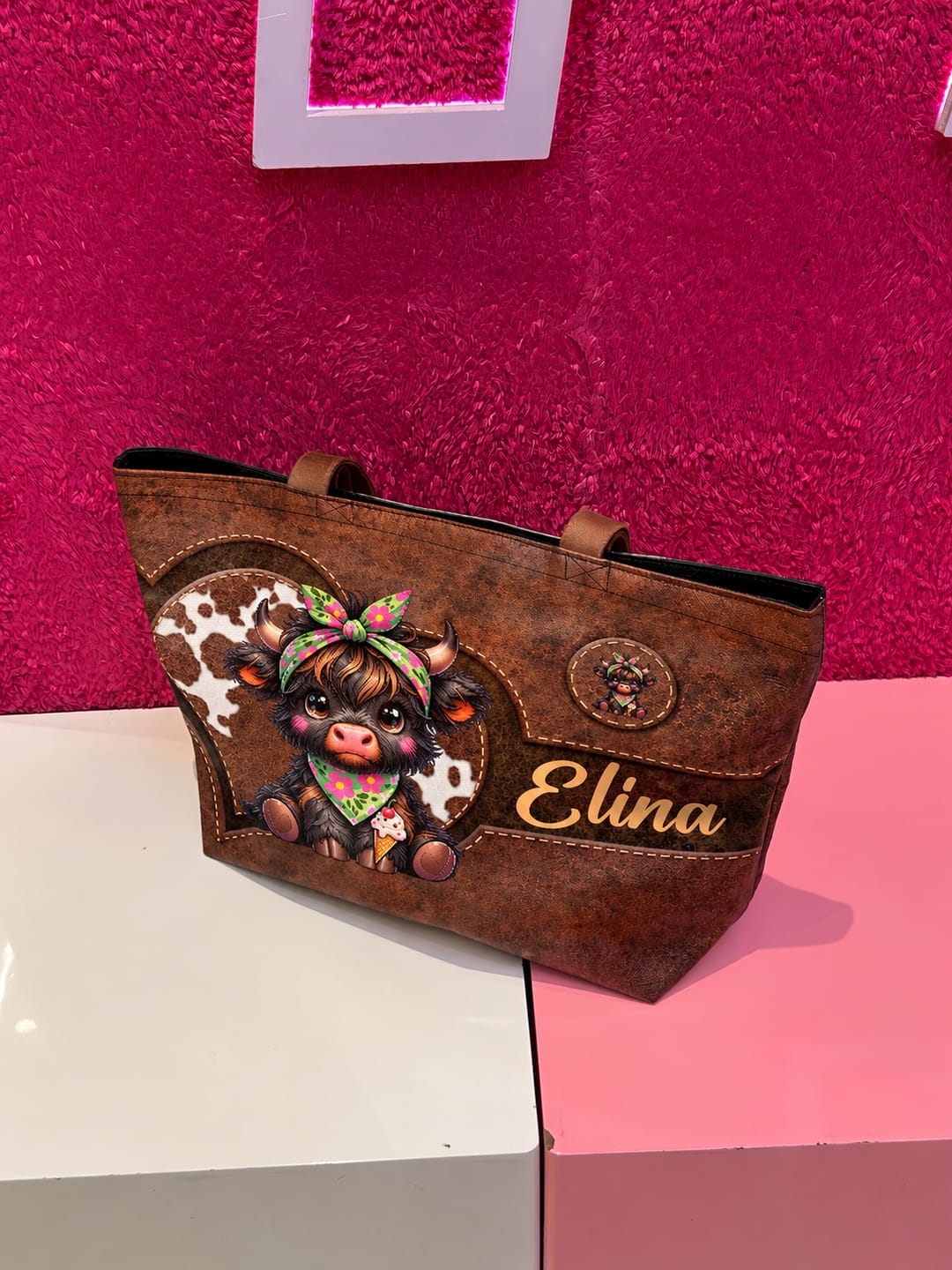 Customer photo review of Personalized Cute Cartoon Highland Cow Large Capacity Tote Bag with Name Birthday Gift for Highland Cow Lovers Friends