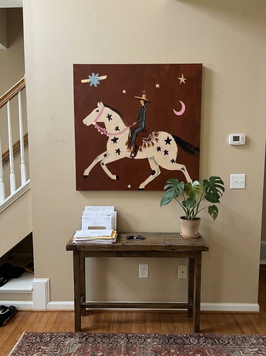 Customer photo review of "Moonlit Rider" - Whimsical Horse & Cowboy Painting | Rust Red Western Animal Wall Art