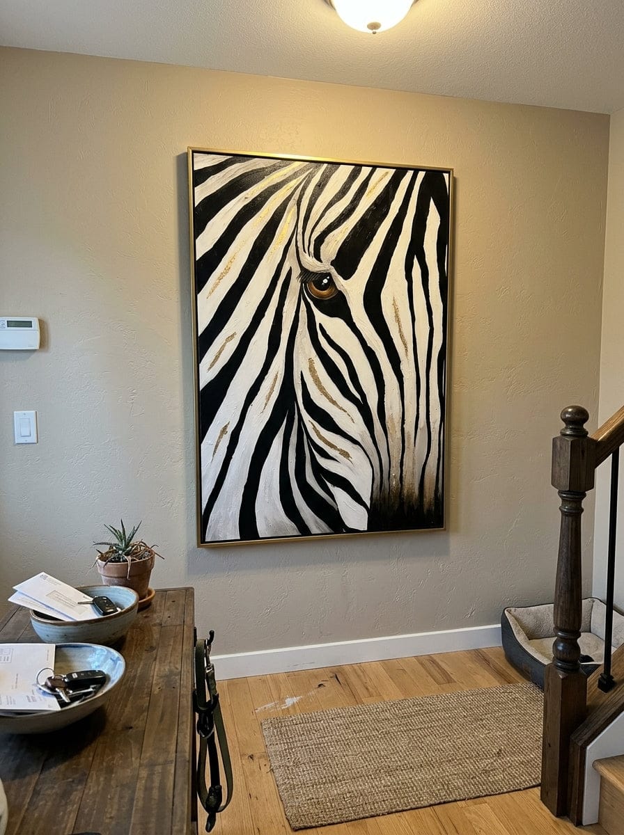 Customer photo review of "Golden Gaze" - Textured Zebra Portrait Painting | Black White & Gold Vertical Animal Wall Art