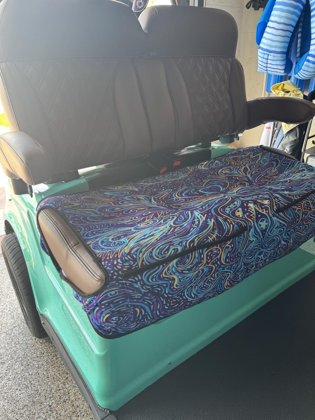 Customer photo review of Psychedelic Blue Swirl Golf Cart Seat Cover