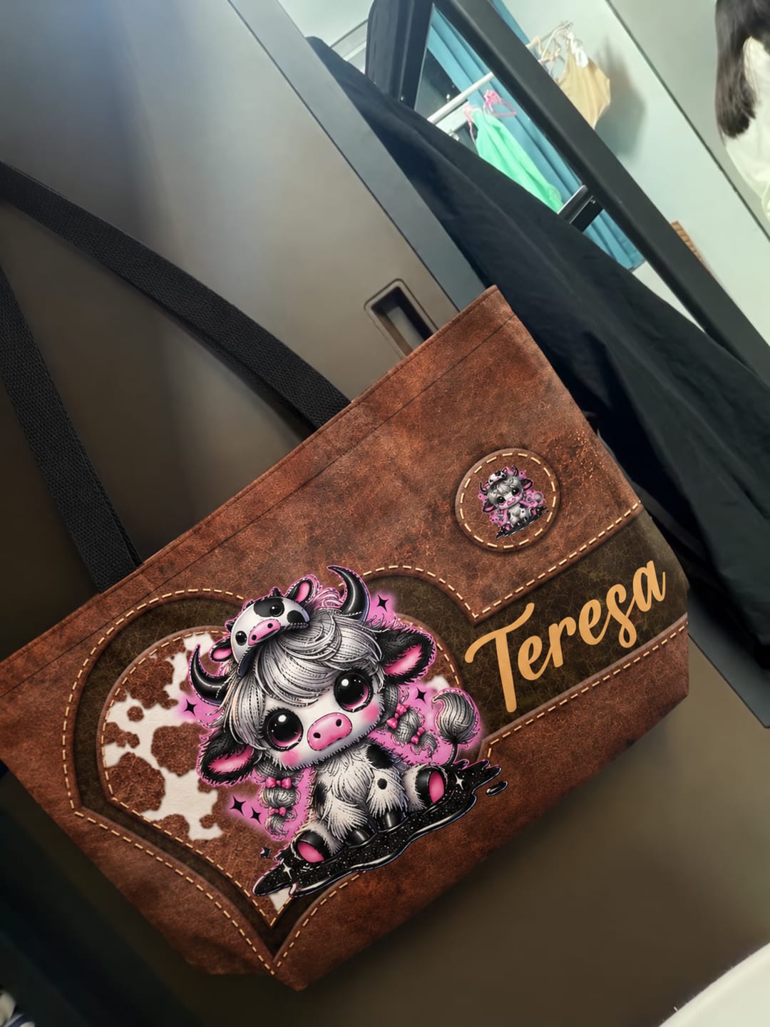 Customer photo review of Personalized Cute Cartoon Highland Cow Large Capacity Tote Bag with Name Birthday Gift for Highland Cow Lovers Friends