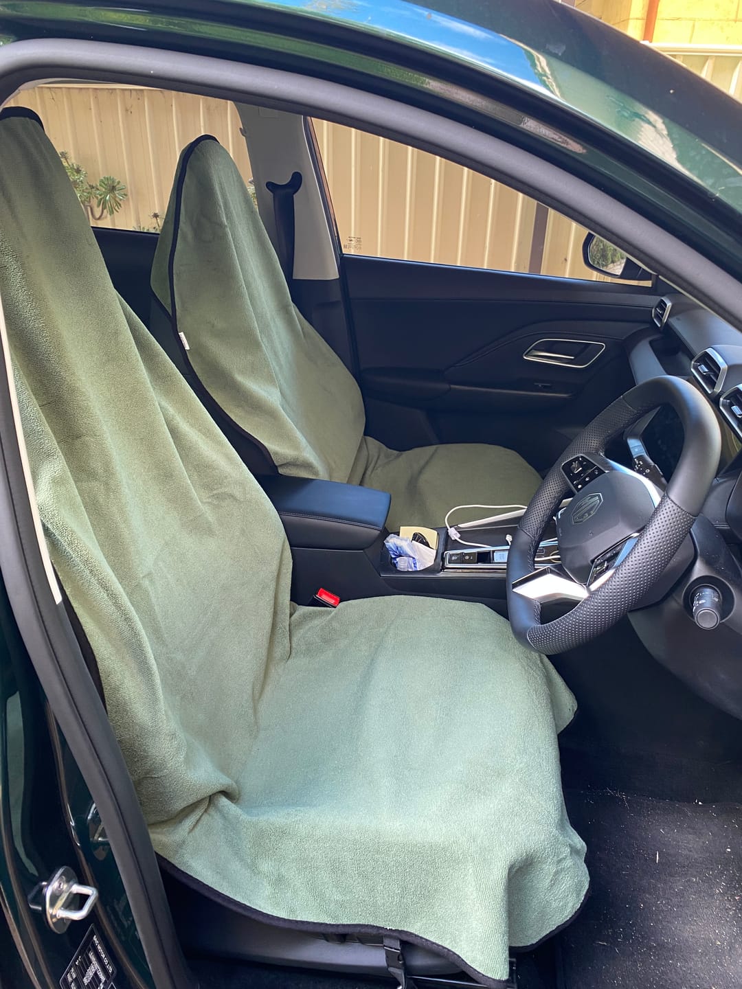 Customer photo review of Waterproof Car Seat Towel – Moss Green | Towel Society