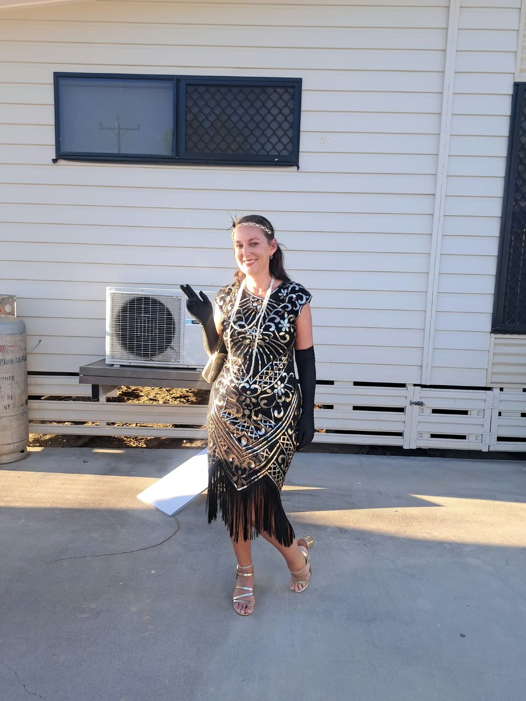 Customer photo review of 1920s Beaded Mable Flapper Dress - Black & Gold