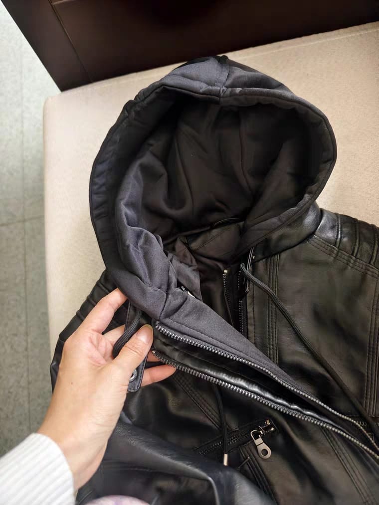 Customer photo review of Women's Faux Leather Jacket with Detachable Hood Motorcycle Biker Jacket Full Zipper Pleated Casual Warm Jacket