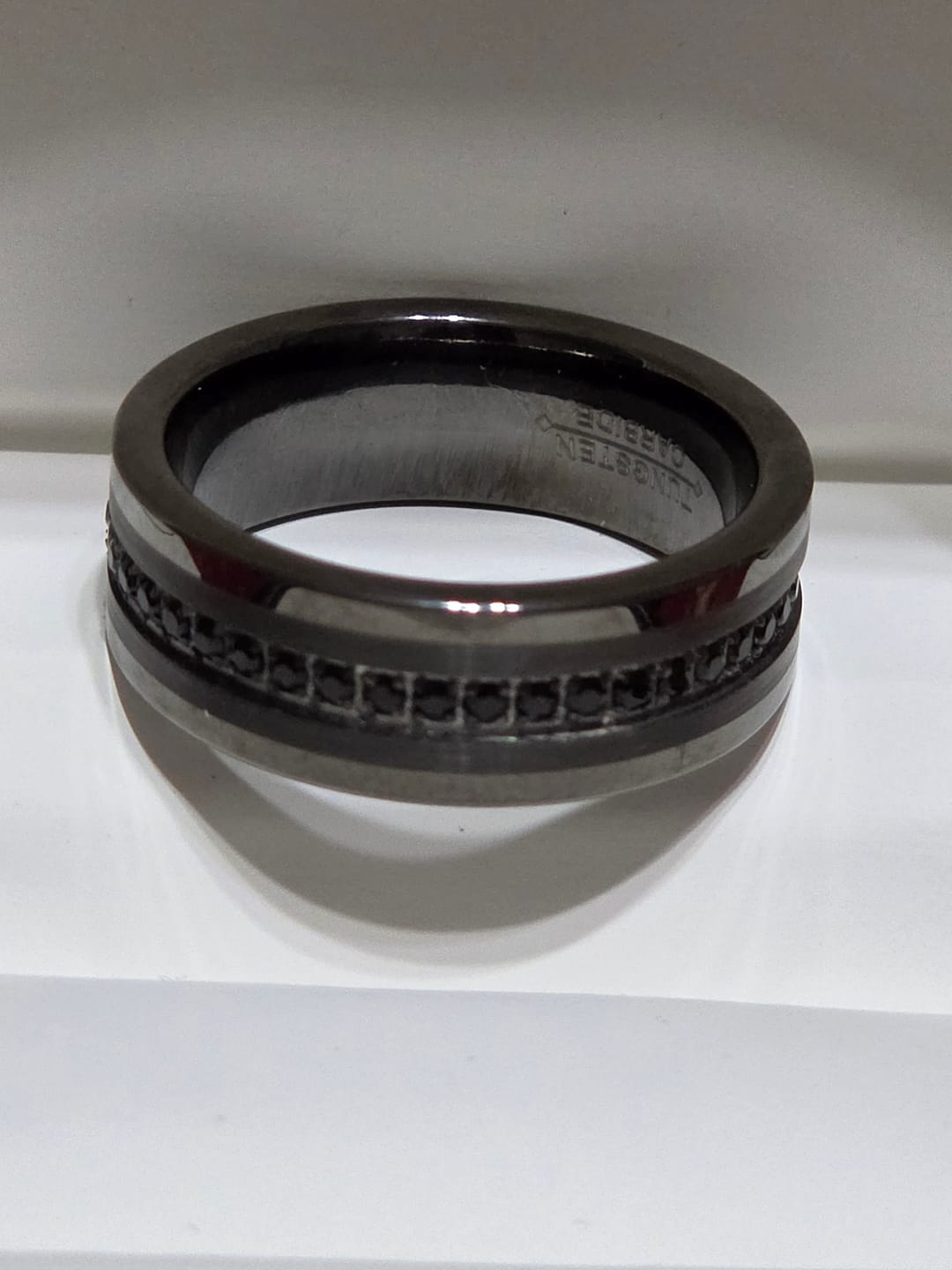 Customer photo review of 8mm - Mens Gunmetal Tungsten Wedding Band, Brushed CZ Diamonds, Tungsten Ring