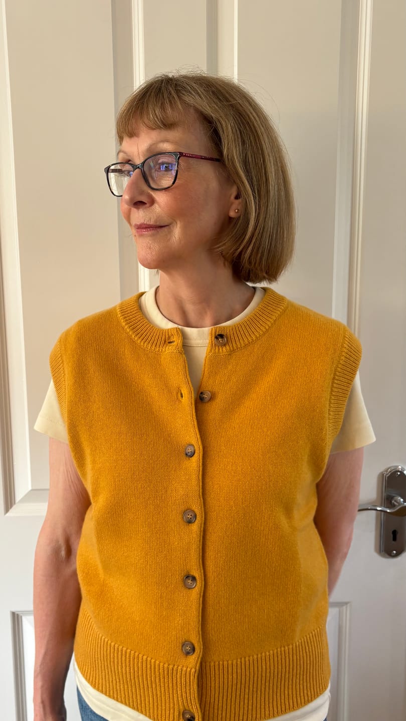Customer photo review of Brand New Mustard Yellow Luxury Cashmere Crew Neck Waistcoat Small UK 8-10