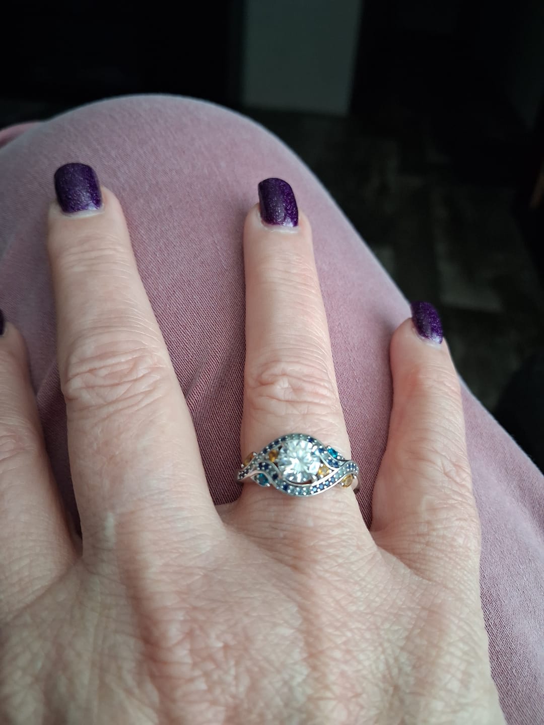 Customer photo review of Starry Night Inspired Moissanite Blue & Yellow Sapphire Swirl Engagement Ring