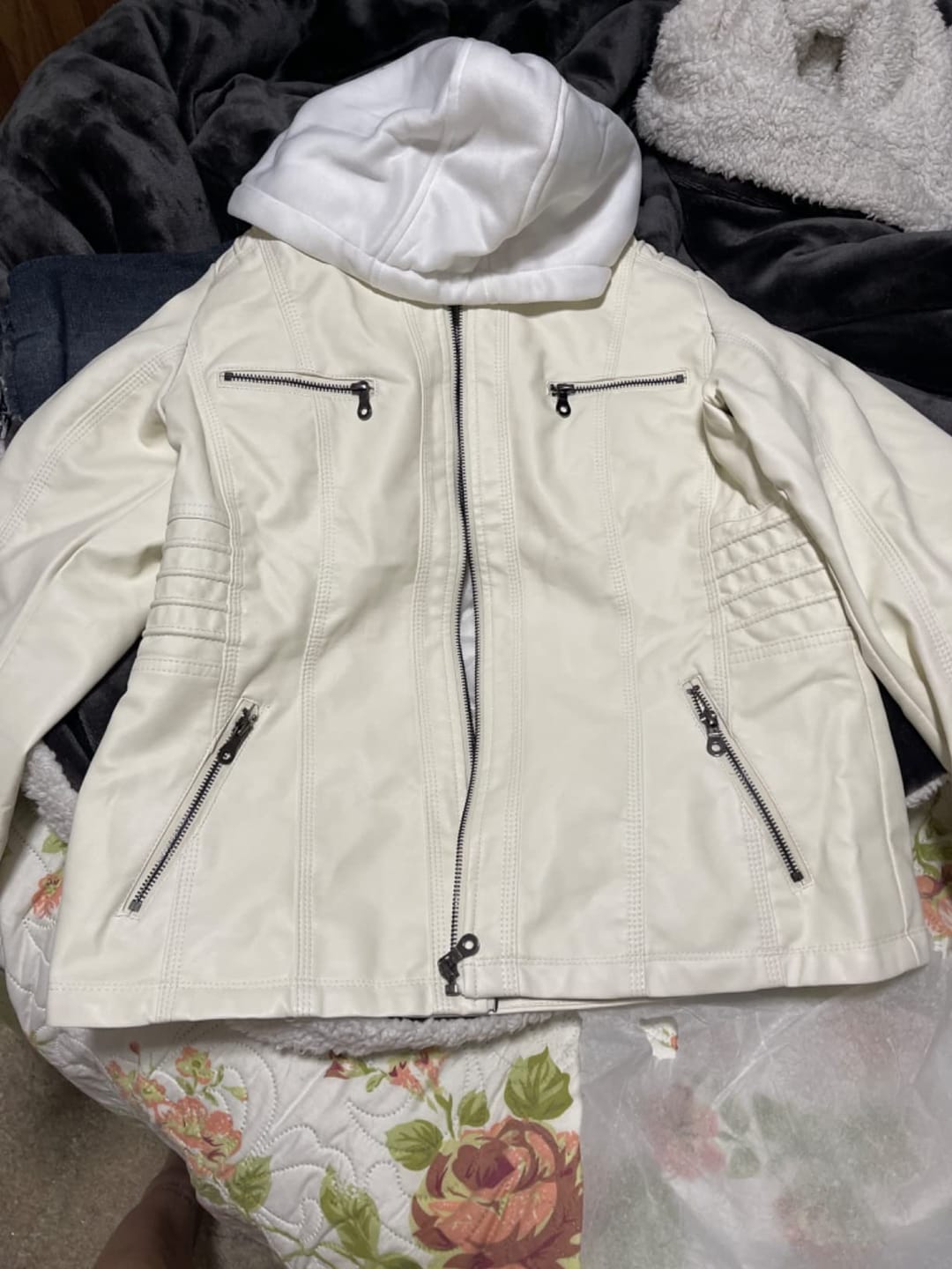 Customer photo review of Women's Faux Leather Jacket with Detachable Hood Motorcycle Biker Jacket Full Zipper Pleated Casual Warm Jacket