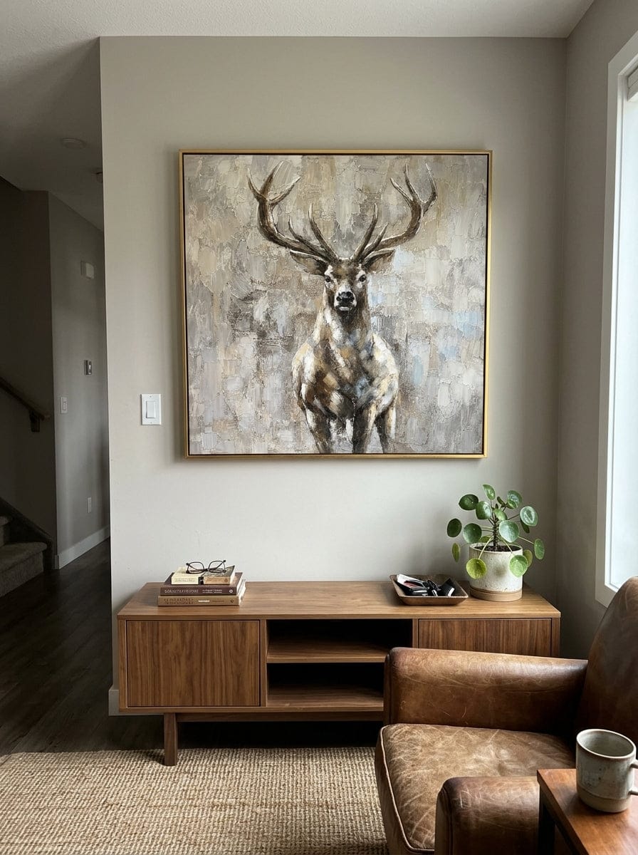 Customer photo review of "Quiet Stag" - Textured Deer Portrait Painting | Beige Brown & Grey Vertical Animal Wall Art