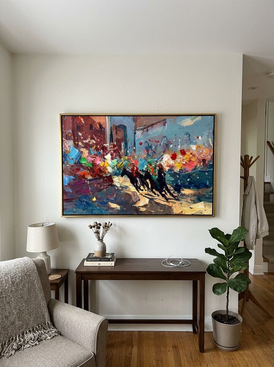 Customer photo review of "Harbor Fragments" - Colorful Impasto Abstract Painting | Blue Red & Gold Horizontal Statement Art