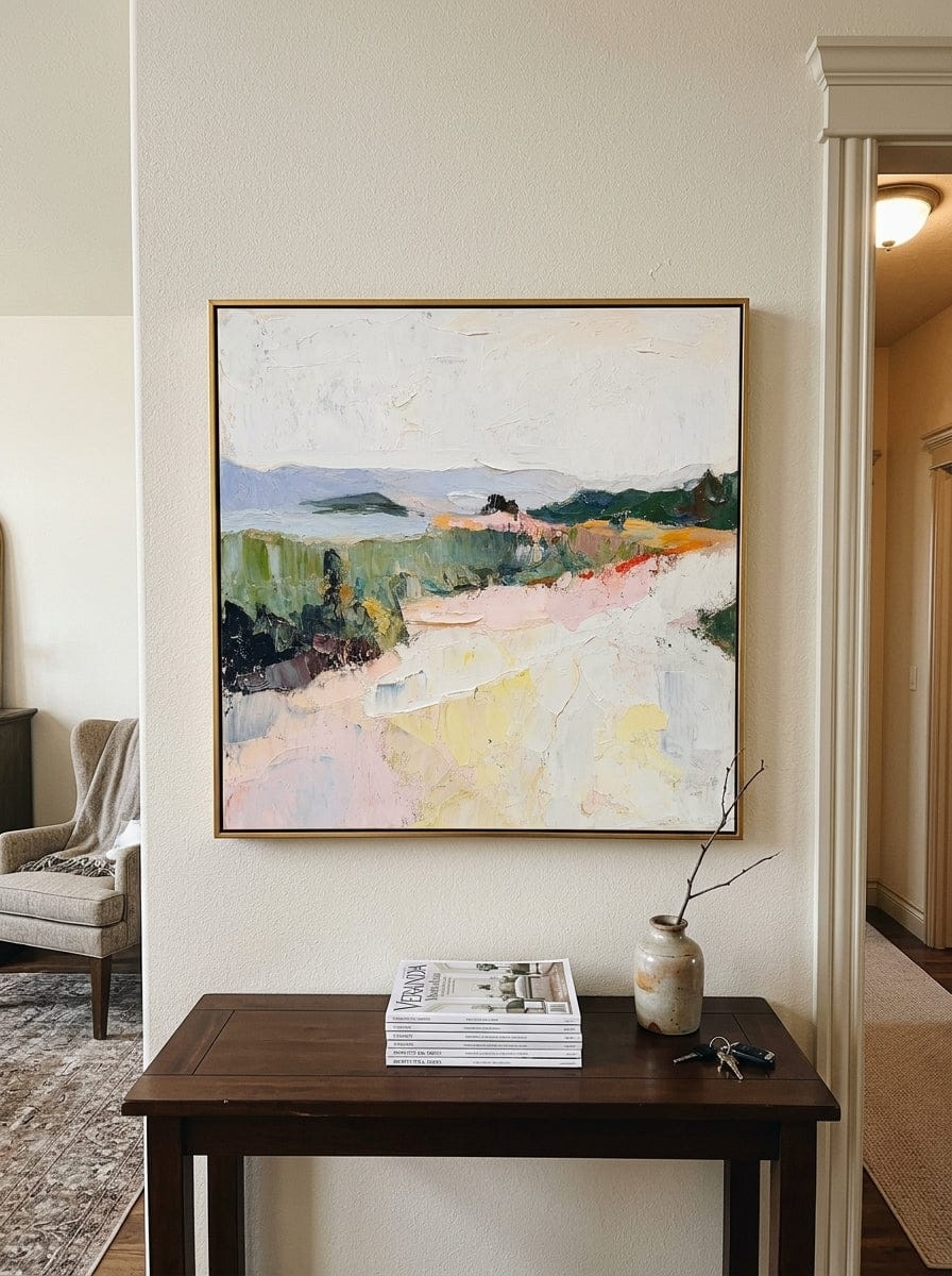Customer photo review of "Pastel Ridge" - Colorful Impasto Mountain Landscape | Green Pink & Yellow Textured Wall Art