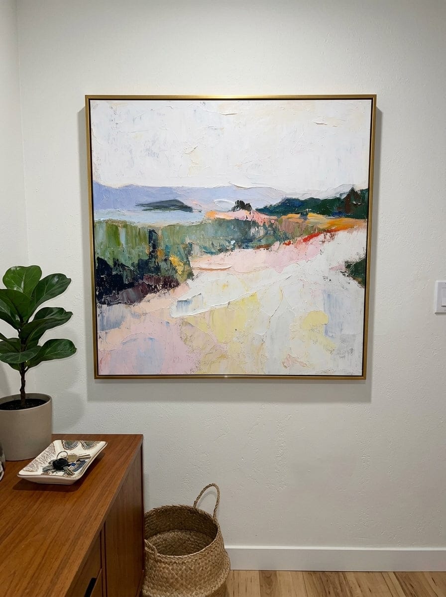 Customer photo review of "Pastel Ridge" - Colorful Impasto Mountain Landscape | Green Pink & Yellow Textured Wall Art