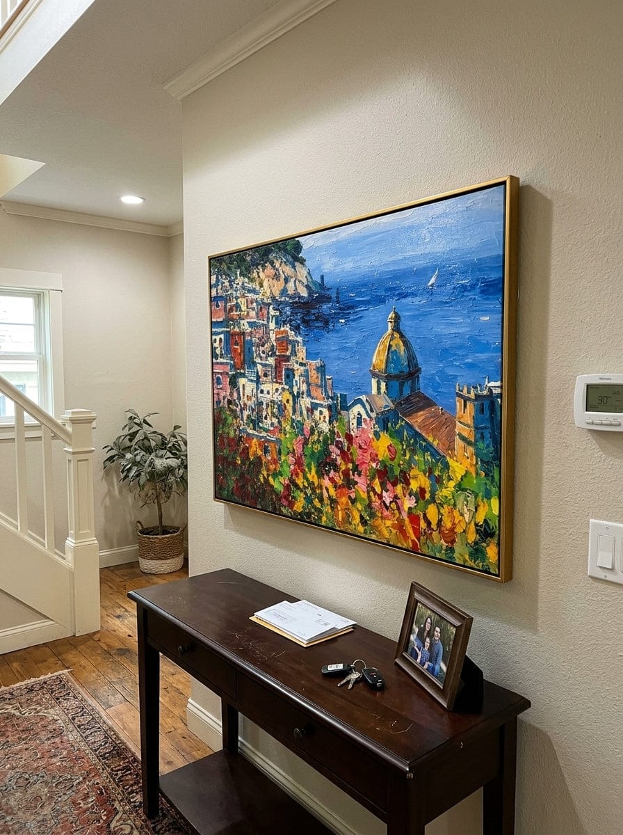 Customer photo review of "Amalfi Bloom" - Colorful Mediterranean Coastal Landscape | Blue Sea & Floral Village Wall Art