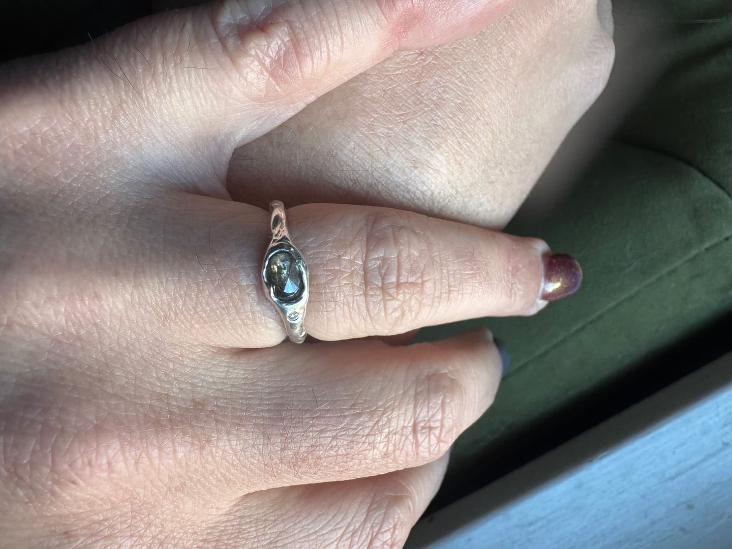 Customer photo review of Custom Oval Salt and Pepper Diamond Ring / Molten Sterling