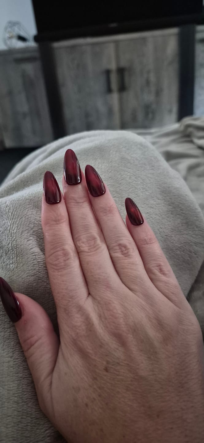 Customer photo review of Deep Red Cat eye Nails | Ready to ship