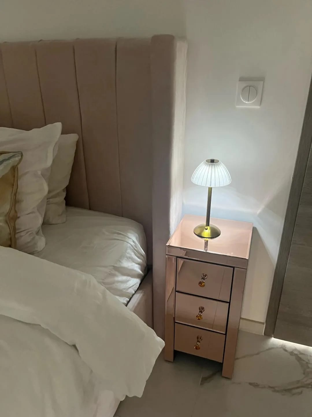 Customer photo review of Cordless Table Lamp, Pleated Crystal-Look Dome, Gold Frame, 30 cm