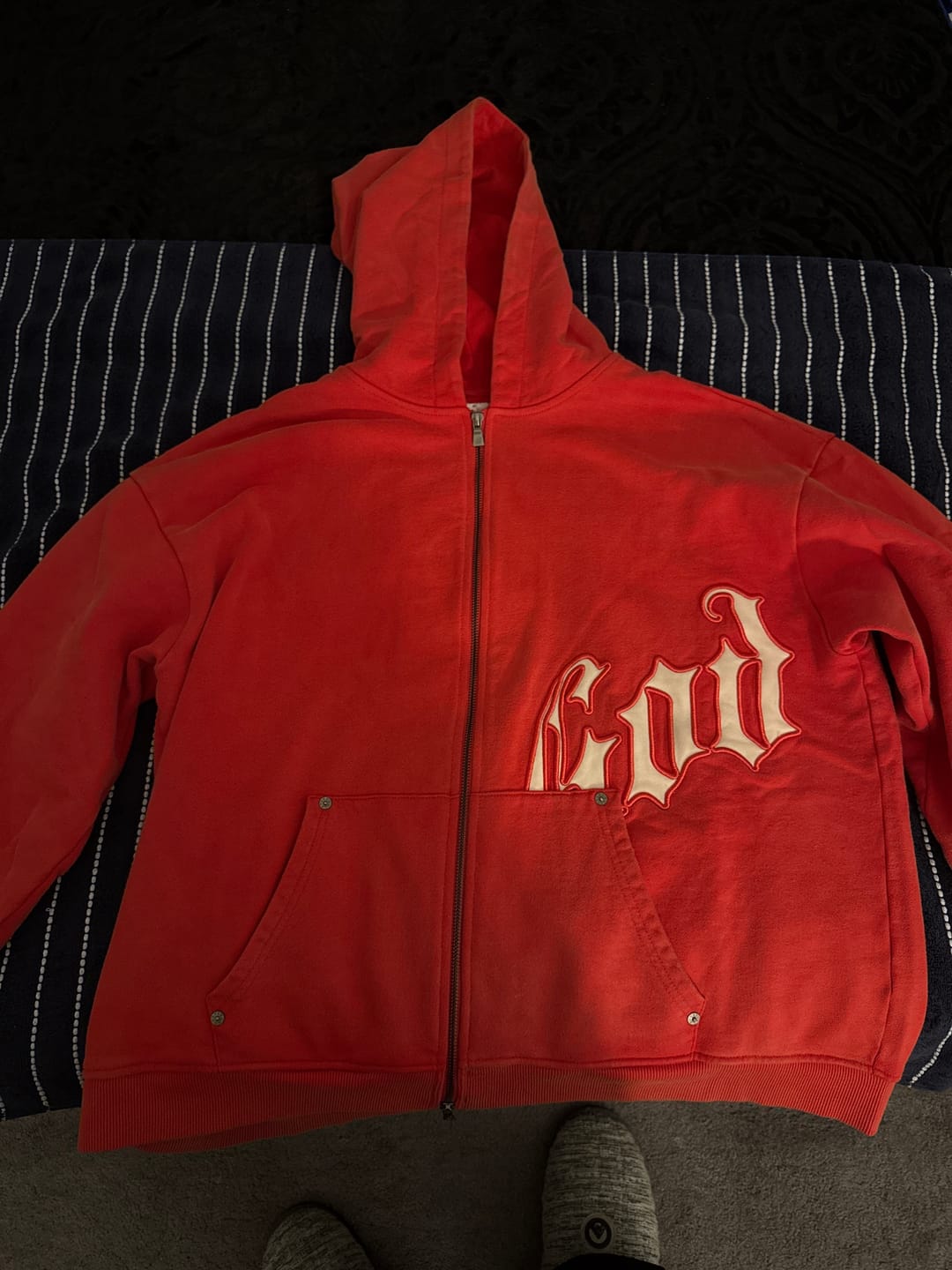 Customer photo review of Godspeed OG Logo Zip Up Hoodie Red White