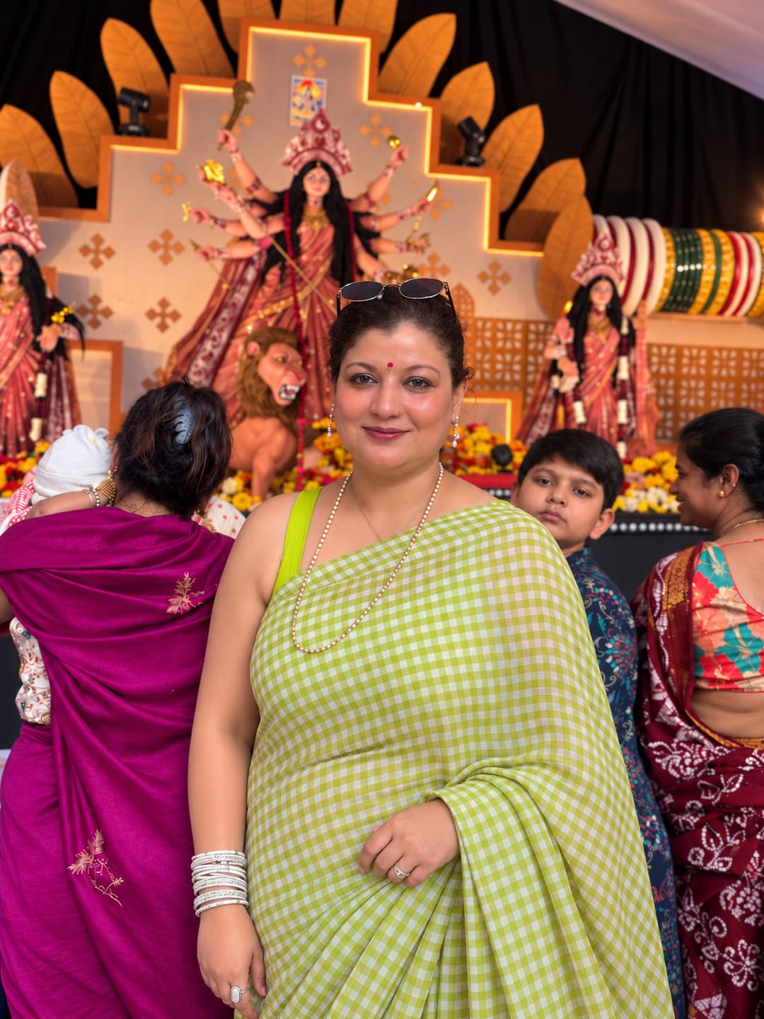 Customer photo review of Gingham Check Green Mulmul Cotton Saree