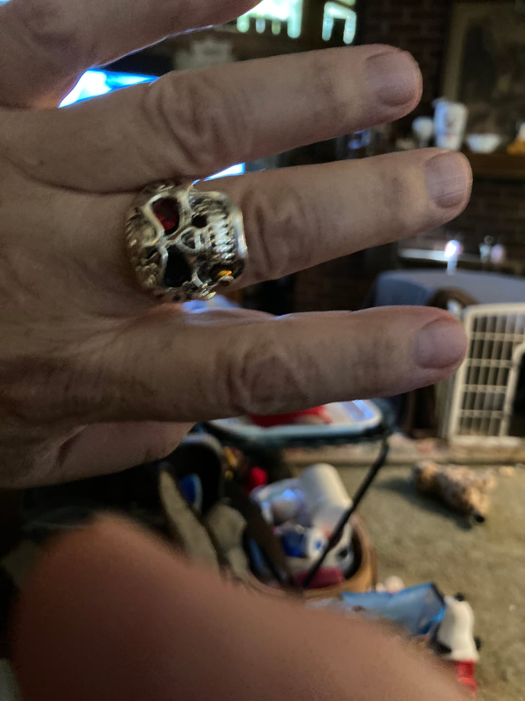 Customer photo review of One-Eyed Gem Bullet Skull Ring, S925 Silver Antiqued Biker Statement Band For Men