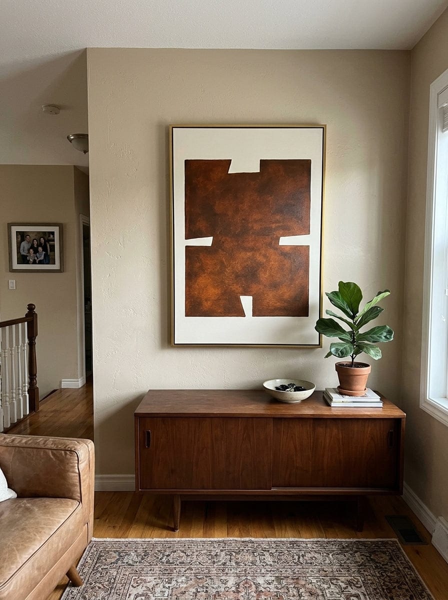 Customer photo review of "Earthen Glyph" - Brown Minimalist Geometric Texture Art | Vertical Wabi-Sabi Wall Art