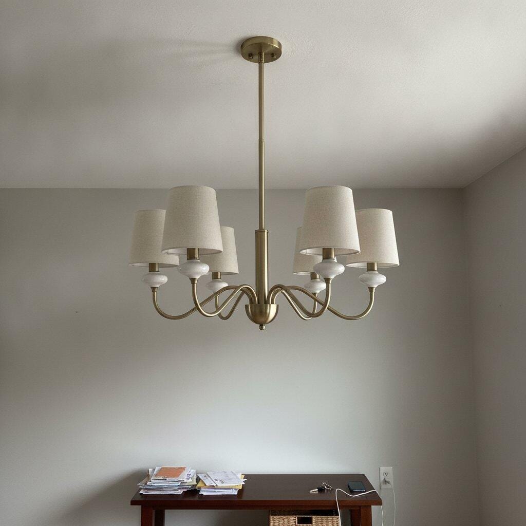 Customer photo review of Linen Shade Chandelier, Curved Iron Arms, Ceramic Accents, 39 cm Tall