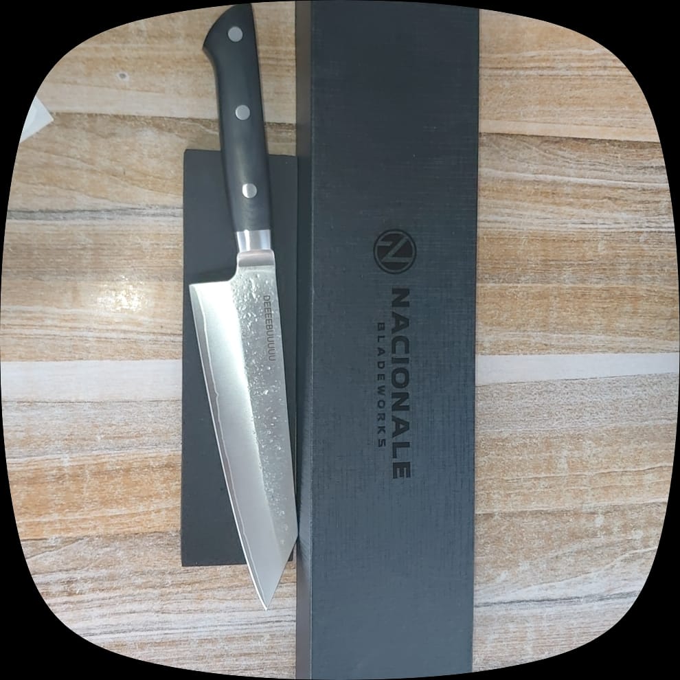 Customer photo review of 180mm Bunka. Nashiji San Mai AUS10 Stainless. Bolstered Midnight Blue Micarta