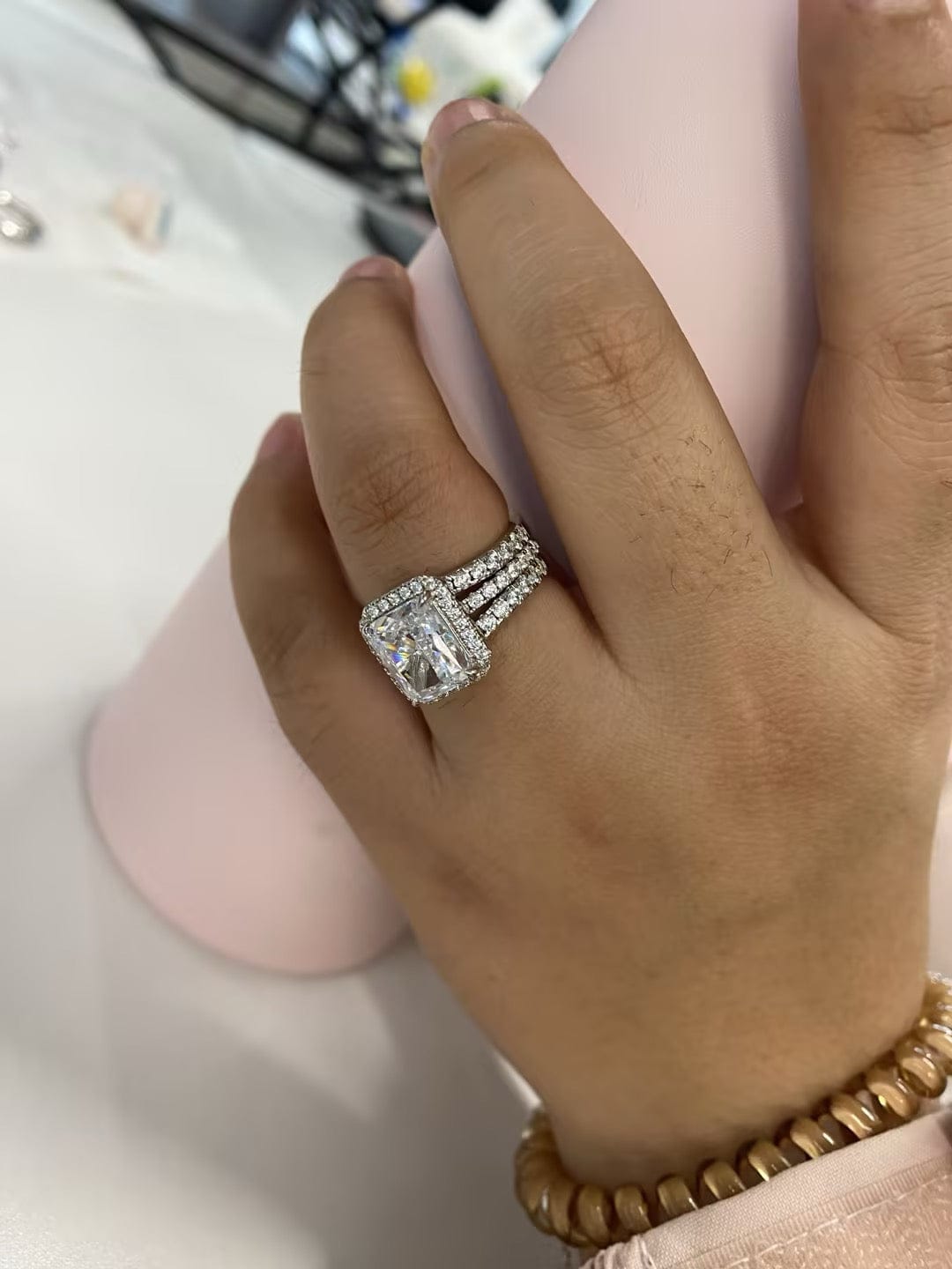 Customer photo review of 3.0Ct Halo Radiant Cut Insert Wedding Ring Set With Engagement Ring Enhancer